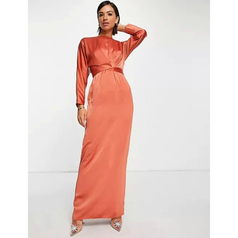 Asos Design Satin Maxi Dress Size 4  Wrap Waist Long Sleeve Cocktail Gown